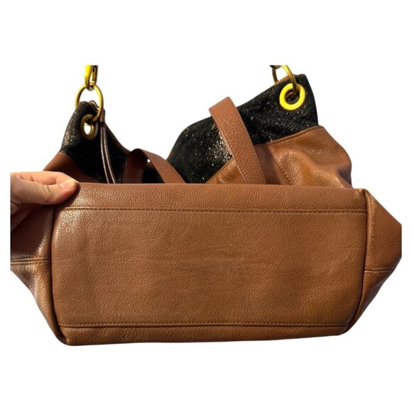 Fossil Keely Tote Leather Large Handbag Cognac Brown Black Shoulder Bag Zipper - Picture 6 of 10